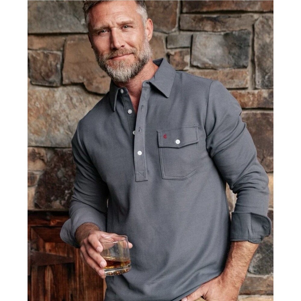 CRIQUET Men's Long Sleeve Polo Shirt Pima Cotton Gray Waffle Knit Size Medium